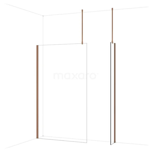 Glazen douchewand met koperkleurige profielen, moderne uitstraling, ideaal voor een stijlvolle badkamerinrichting.