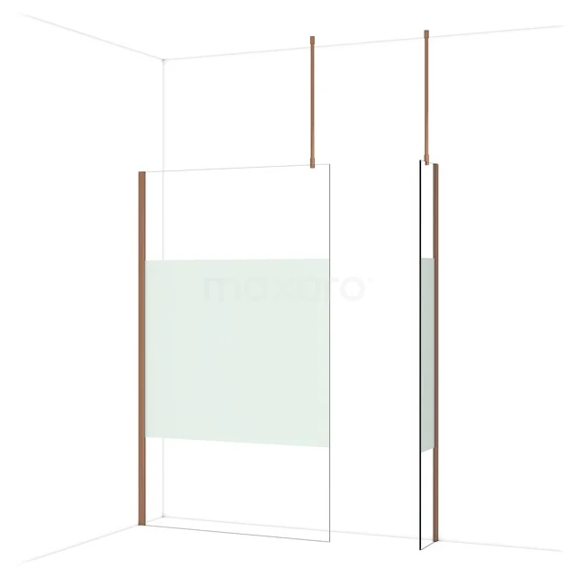 Glazen douchewand met mat glazen paneel, metalen profielen in roségoud, modern design voor een stijlvolle badkamer.