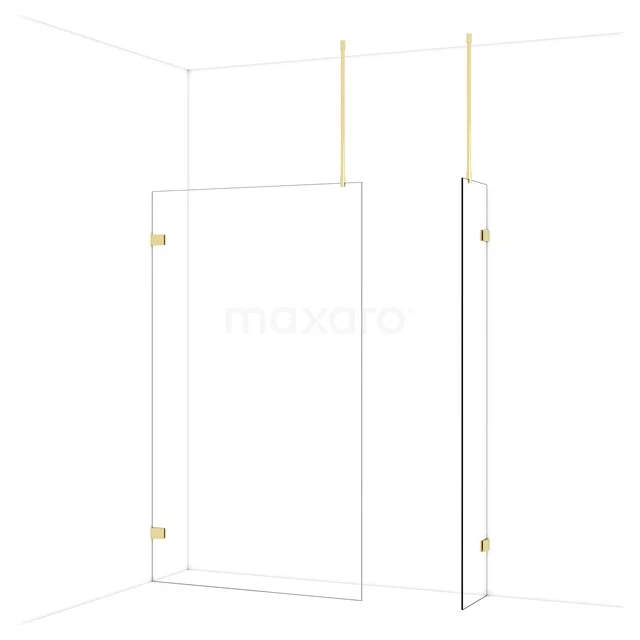 Glazen douchewand met goudkleurige scharnieren, modern design in de badkamer, transparant en stijlvol.