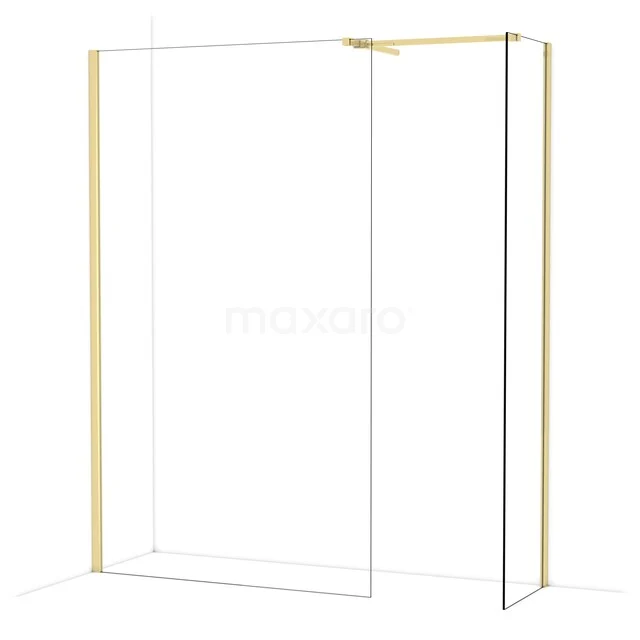 begehbare Dusche mit Goldakzenten, transparentem Glas und schmalem Rahmen, perfekt für ein modernes Badezimmer.