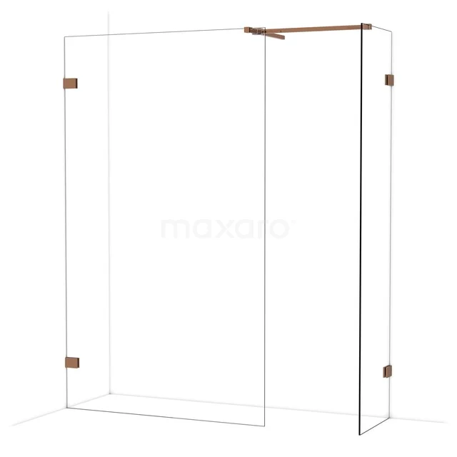 Douchewand met helder glas, koperkleurige scharnieren en moderne look, perfect als stijlvolle toevoeging aan de badkamer.