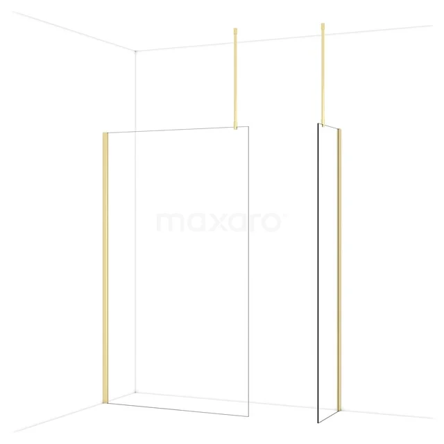 Transparante glazen douchewand met goudkleurige profielen, strak design, ideaal voor luxe badkamerindelingen.