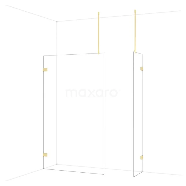 Glass shower wall with brass accents, minimalist design for modern bathrooms.