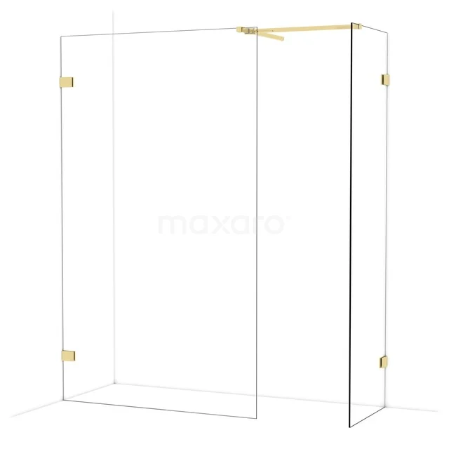 Glazen douchewand met goudkleurige scharnieren, minimalistisch design, geschikt voor moderne badkamers.