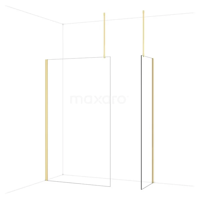 Glass shower wall with gold-coloured metal framing, sleek design for modern bathroom decor.