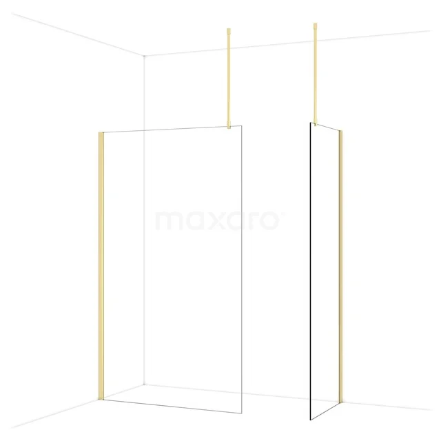 Diamond Walk-in shower | 120x70 cm Glossy light gold Clear glass 2 fixed walls IDB1207910GLG Minimalistische glazen douchewand met gouden RVS profielen, ideaal voor een moderne badkamer.