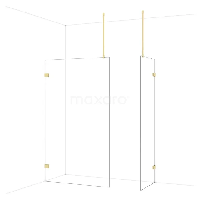Glazen douchewand met goudkleurige profielen en scharnieren, minimalistisch design ideaal voor een moderne badkamer.