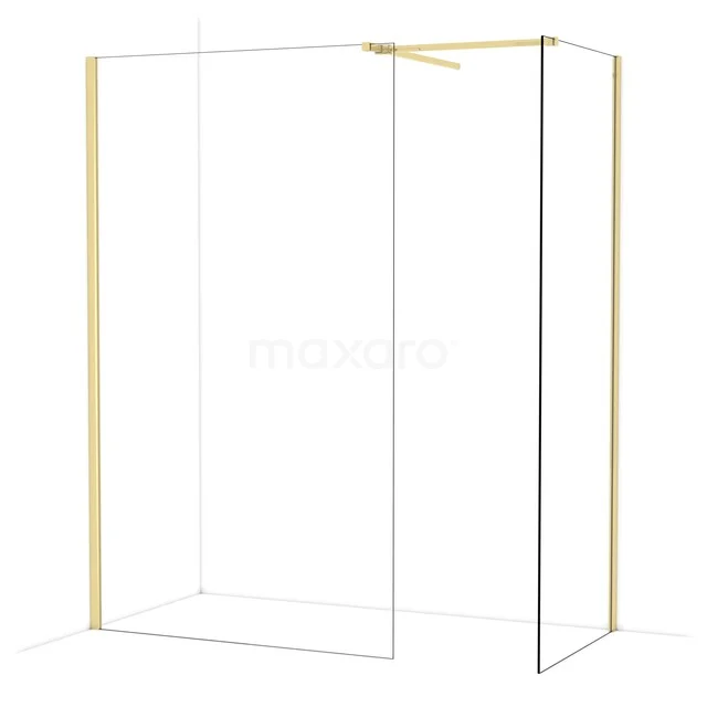 Douchewand met goudkleurig frame, modern design, glas en aluminium, perfect voor een stijlvolle badkamer inrichting.