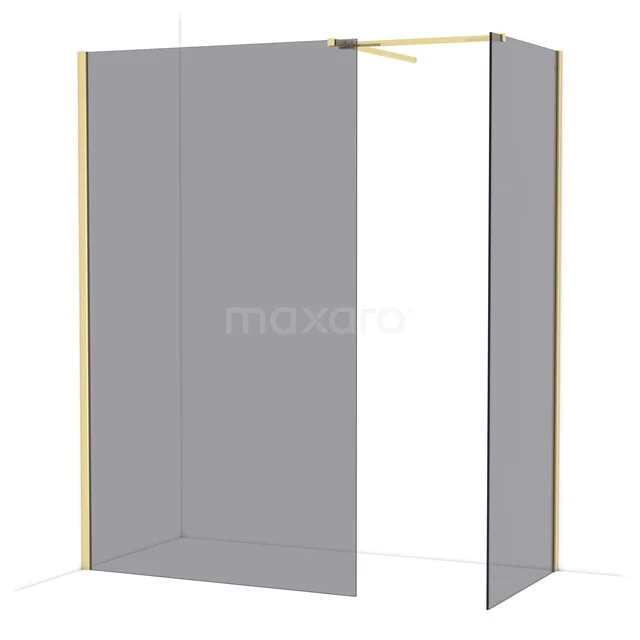 Grey glass shower screen with minimalist design, gold accents and modern frame, ideal for a stylish bathroom.