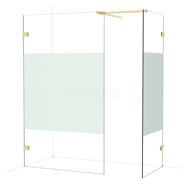 Glazen douchewand met goudkleurige details, mat privacygedeelte, ideaal voor een stijlvolle moderne badkamer inrichting.