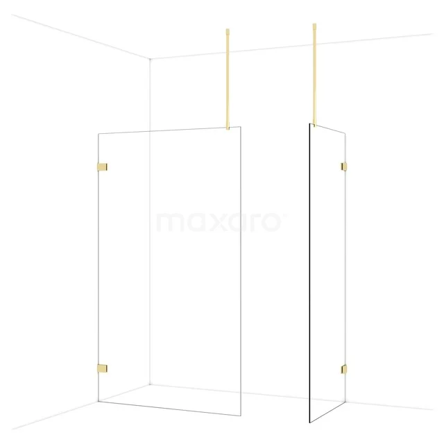 Transparent glass shower wall with gold-coloured fittings, ideal partition for a modern bathroom.