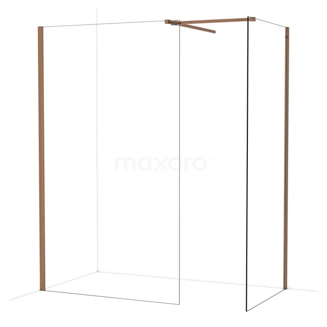 Douchewand met koperkleurige profielen, strak minimalistisch design, perfect voor een moderne badkamer.