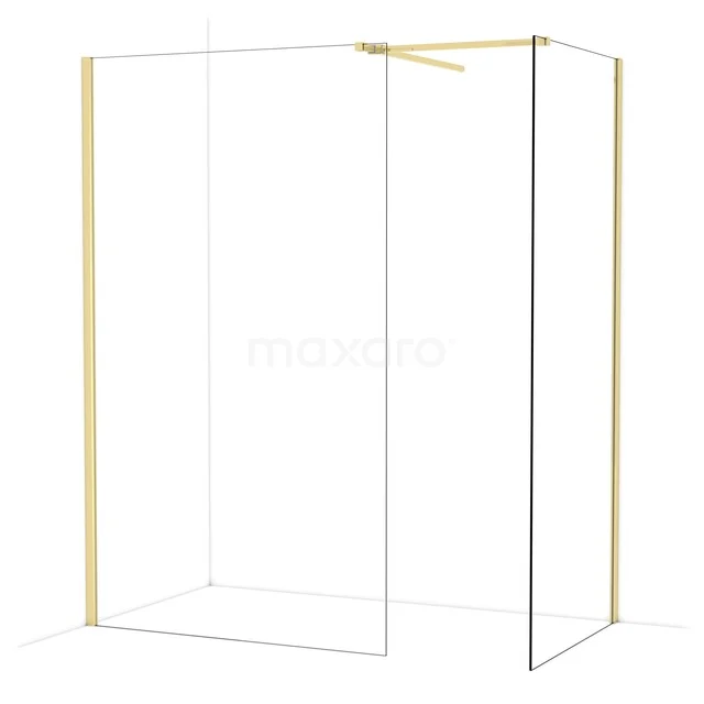 Diamond Walk-in shower | 120x90 cm Glossy light gold Clear glass 2 fixed walls IDB1209510GLG Douchewand van helder glas met goudkleurig frame, minimalistisch ontwerp, geschikt voor luxe badkamerinterieurs.