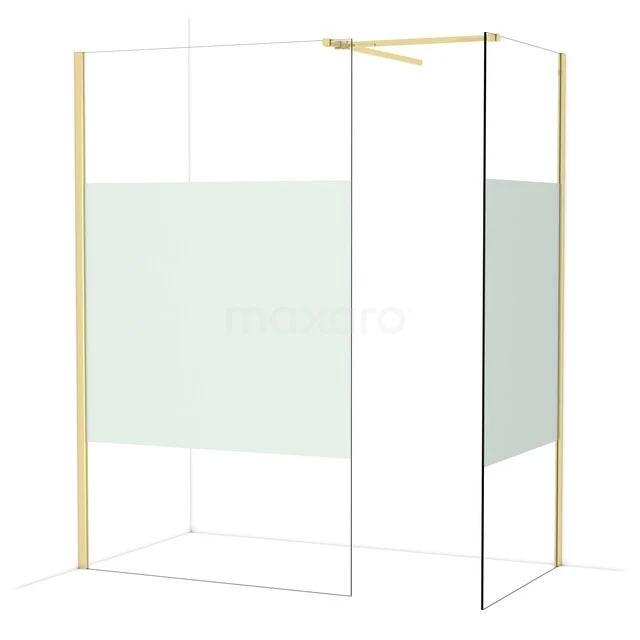 Shower wall with clear glass, matte gold frame and design style, ideal for a modern bathroom decor.