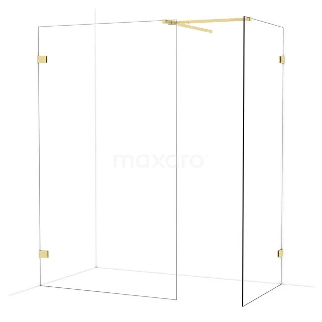 Shower cabin gold stainless steel details, sleek transparent design with glass walls, luxury addition to modern bathroom decor.