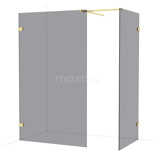 Diamond Walk-in shower | 120x90 cm Glossy light gold Smoke glass 2 fixed walls IDB1209521GLG Glazen douchewand met mat grijs glas, goudkleurige scharnieren en structuur, perfect voor een moderne badkamerstijl.
