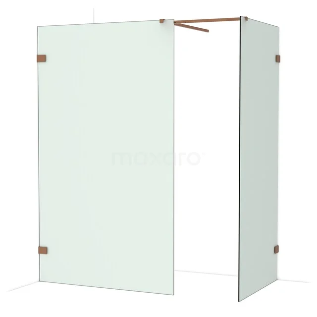 Glazen inloopdouchewand met hoekopstelling, helder glas en metalen scharnieren, ideaal voor een moderne badkamer.