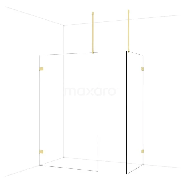 Glass shower wall with matte gold fittings, sleek design for modern bathrooms.