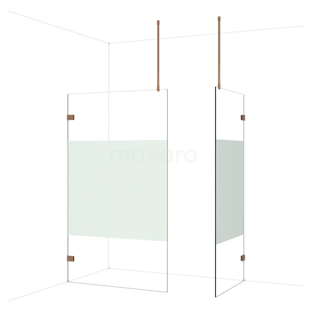 Duschwand mit kupferfarbenen Akzenten, Glas mit matter Streifen, modernes Design, perfekt für ein stilvolles Badezimmer.
