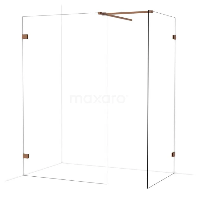 Diamond Walk-in shower | 120x100 cm Shiny copper Clear glass 2 fixed walls IDB1210520GKP Douchehoek met helder glas en mat zwart profiel, inclusief zijwand en luxueuze messing scharnieren, stijlvol voor elke badkamer.