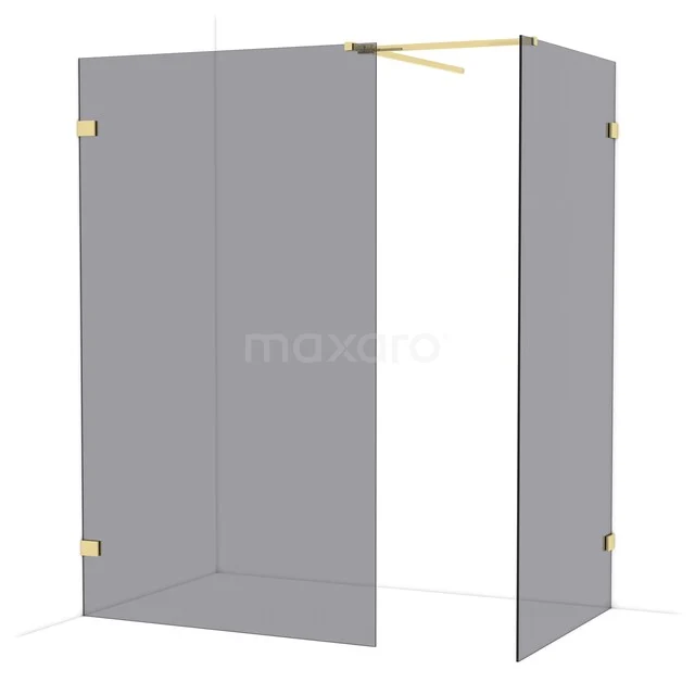Douchewand met goudkleurige bevestigingen, transparant glas en minimalistisch ontwerp, ideaal voor een moderne badkamer.