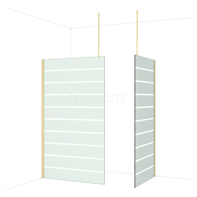 Matglazen douchewand met strepen, goudkleurige profielranden; modern design voor een stijlvolle en functionele badkamer.
