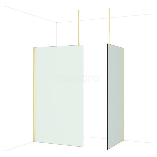 Glass shower wall with matte gold profiles, minimalist design, perfect for a modern bathroom.
