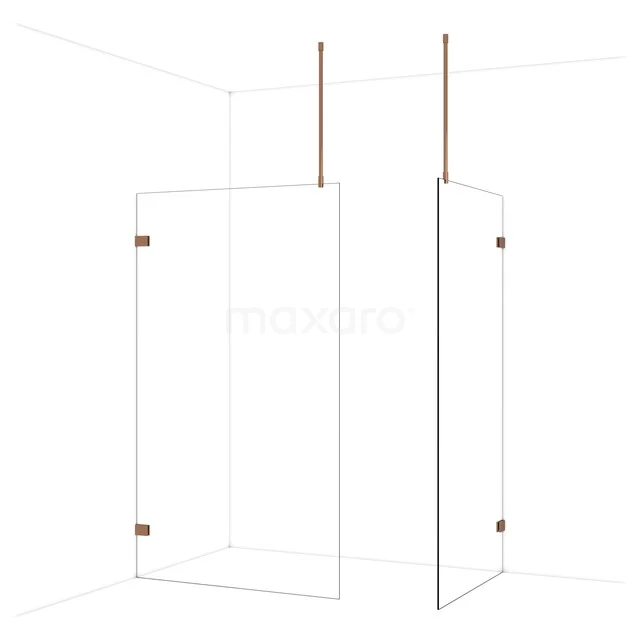 Inloopdouche met strak design, transparant glas en koperkleurige accenten, ideale toevoeging aan een moderne badkamer.