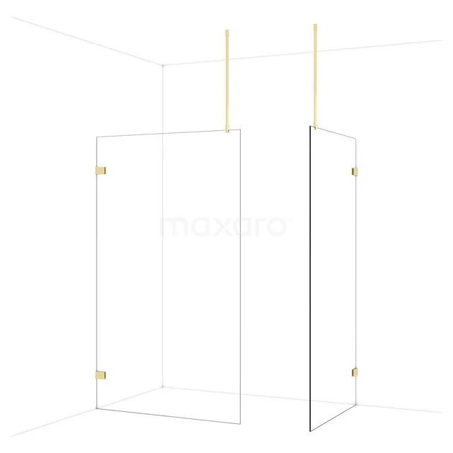 Diamond Walk-in shower | 120x100 cm Glossy light gold Clear glass 2 fixed walls IDB1210920GLG Glazen douchewand met goudkleurige scharnieren, strak design en ruimtebesparend; ideaal voor moderne badkamers.