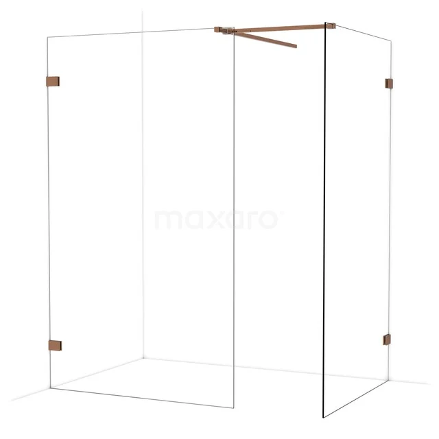 Moderne Duschwand aus Glas mit Messingdetails, Klarglas und Eckdesign, ideal für ein stilvolles Badezimmer.