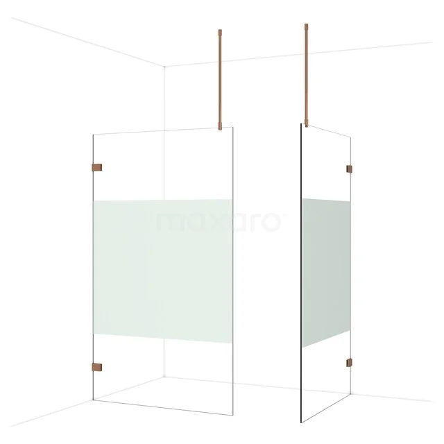Glas Duschwand mit mattem Abschnitt, Eckaufstellung, Messingdetails, ideal als moderne Badezimmer Trennwand.
