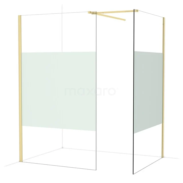 Glas Duschwand mit goldfarbenem Rahmen, minimalistisches Design und Mattglasstreifen für Privatsphäre, stilvoll für jedes Badezimmer.