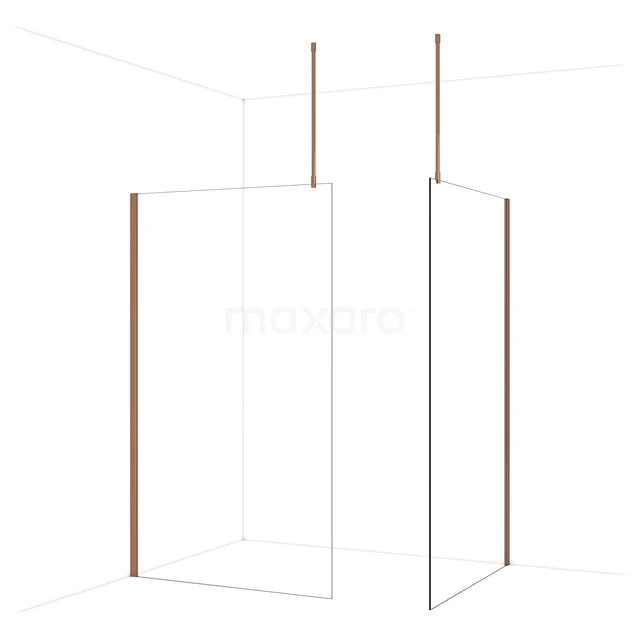 Diamond Walk-in shower | 120x120 cm Shiny copper Clear glass 2 fixed walls IDB1212910GKP Minimalistische douchewand met koperkleurige accenten, ideaal voor een stijlvolle moderne badkamer.
