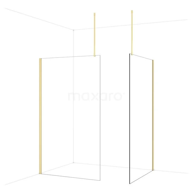 Minimalist corner shower wall with gold accents, clear glass and sleek design, ideal for a modern bathroom.