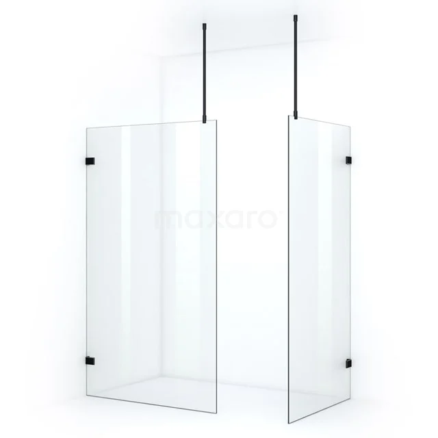 Transparent glass shower screen with matte black profiles, modern design for a stylish bathroom.