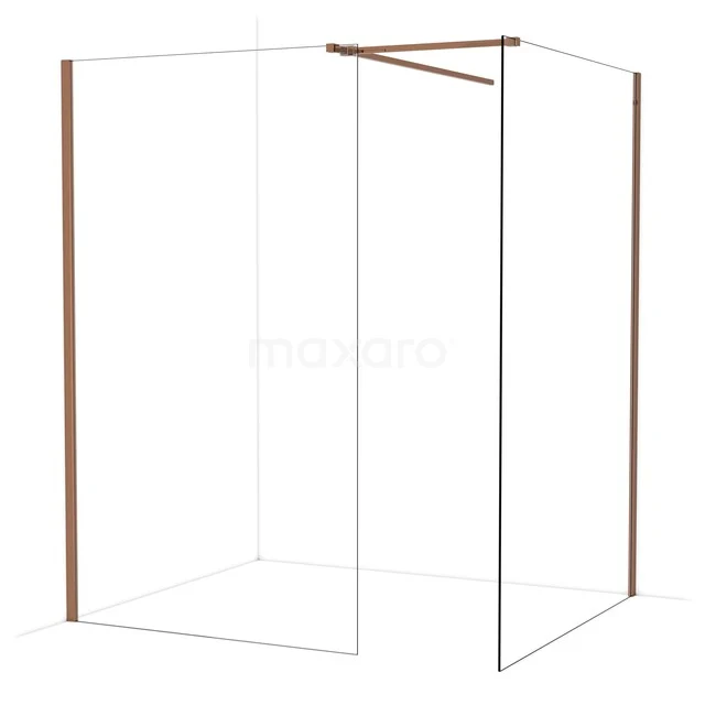 Diamond Walk-in shower | 140x120 cm Shiny copper Clear glass 2 fixed walls IDB1214510GKP Luxe douchewand in helder glas met bronzen profielen, minimalistisch design voor een moderne badkamer.