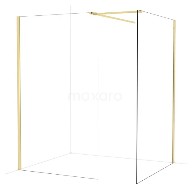 Duschkabine mit minimalistischem Rahmen, goldfarbenem Profil, Klarglas und Eckdesign; ideal für ein modernes Badezimmer.