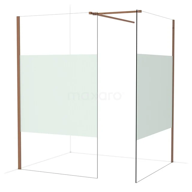 Duschwand mit Eckaufstellung, minimalistisches Design, Mattglas, mit kupferfarbenen Akzenten, perfekt für moderne Bäder.