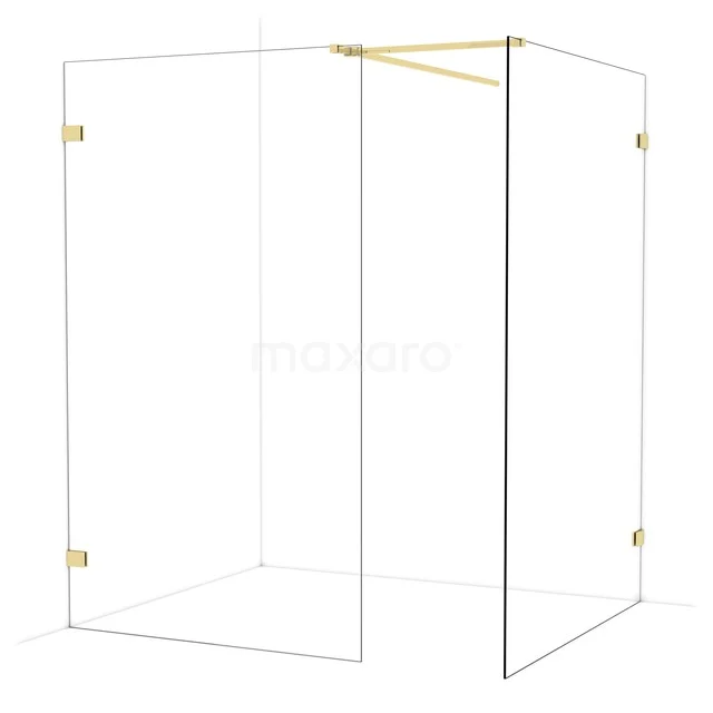 Glazen douchewand met gouden details, hoekopstelling en minimalistisch design, ideaal voor luxe badkamers.