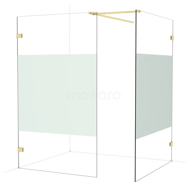 Glass shower wall with matte gold details, transparent with a frosted glass surface, perfect for a stylish bathroom.