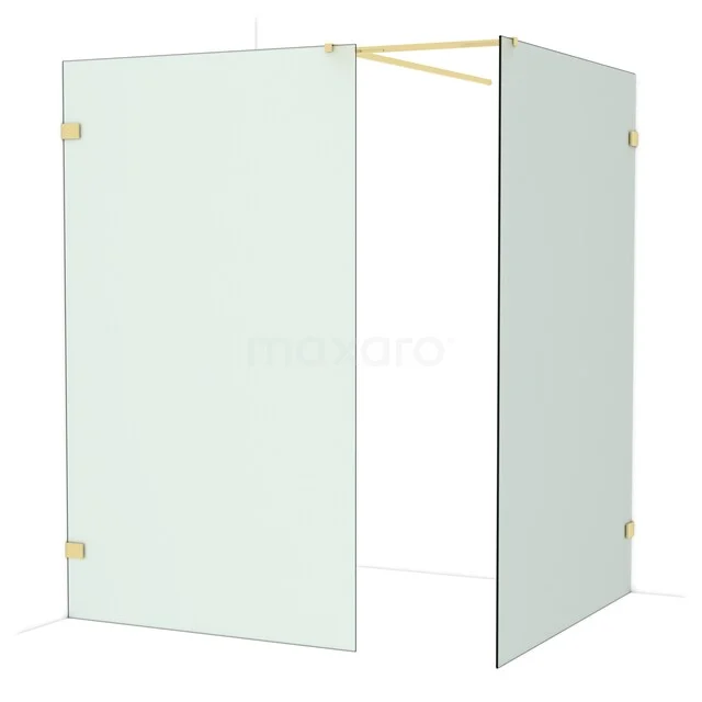 Glas Duschwand mit goldfarbenen Akzenten, Eckanordnung, schlankes und modernes Design für stilvolle Badezimmer.