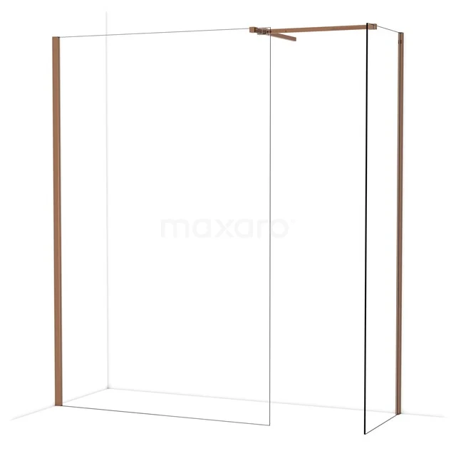 Glazen inloopdouche met koperkleurige profielen, modern design en minimalistische afwerking voor een stijlvolle badkamer.