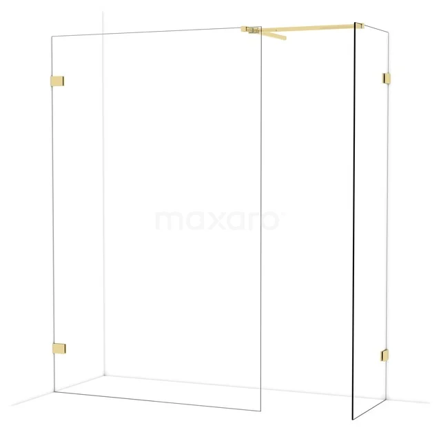 Glass shower wall with gold-coloured hinges, modern design, ideal for a luxury bathroom decor.