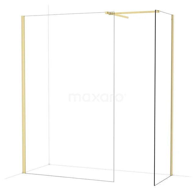 Diamond Walk-in shower | 130x70 cm Glossy light gold Clear glass 2 fixed walls IDB1307510GLG Glazen douchewand met gouden rand, modern design; perfecte toevoeging voor een stijlvolle badkamer.