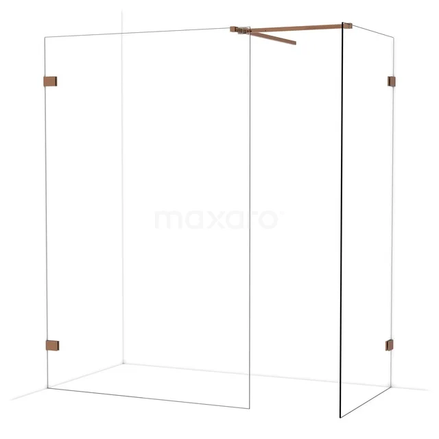 Douchewand met helder glas, messing details en frame, luxe design voor een moderne badkamer.