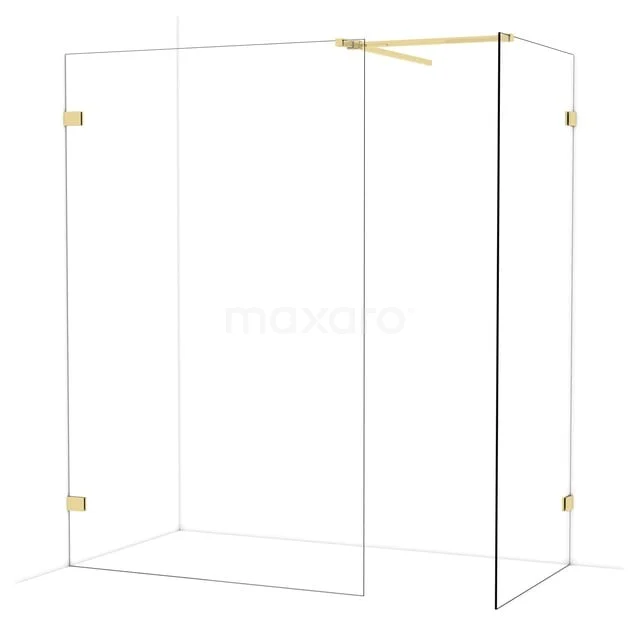 Glasbegehbare Dusche mit goldfarbenen Details, Eckmodell, ideal für eine moderne Badezimmer Einrichtung.