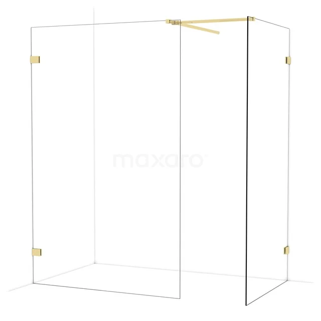 Glass shower wall with gold accents, clear glass and sleek design, perfect as a stylish bathroom solution.