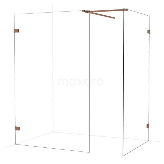 Glas Duschwand mit Eckaufstellung, minimalistisches Design, Messingakzente, ideal für ein modernes Badezimmer.