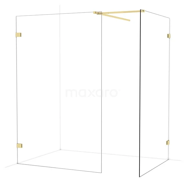 Glazen douchewand met goudkleurige details, luxe design, ideaal voor een stijlvolle badkamer.