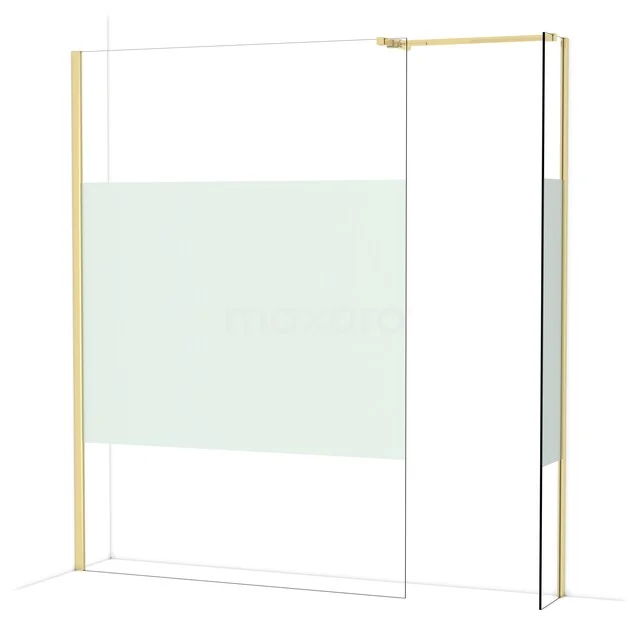 Heldere glazen douchewand met goudkleurig frame en matwitte strook, luxe badkameraccessoire voor een moderne uitstraling.